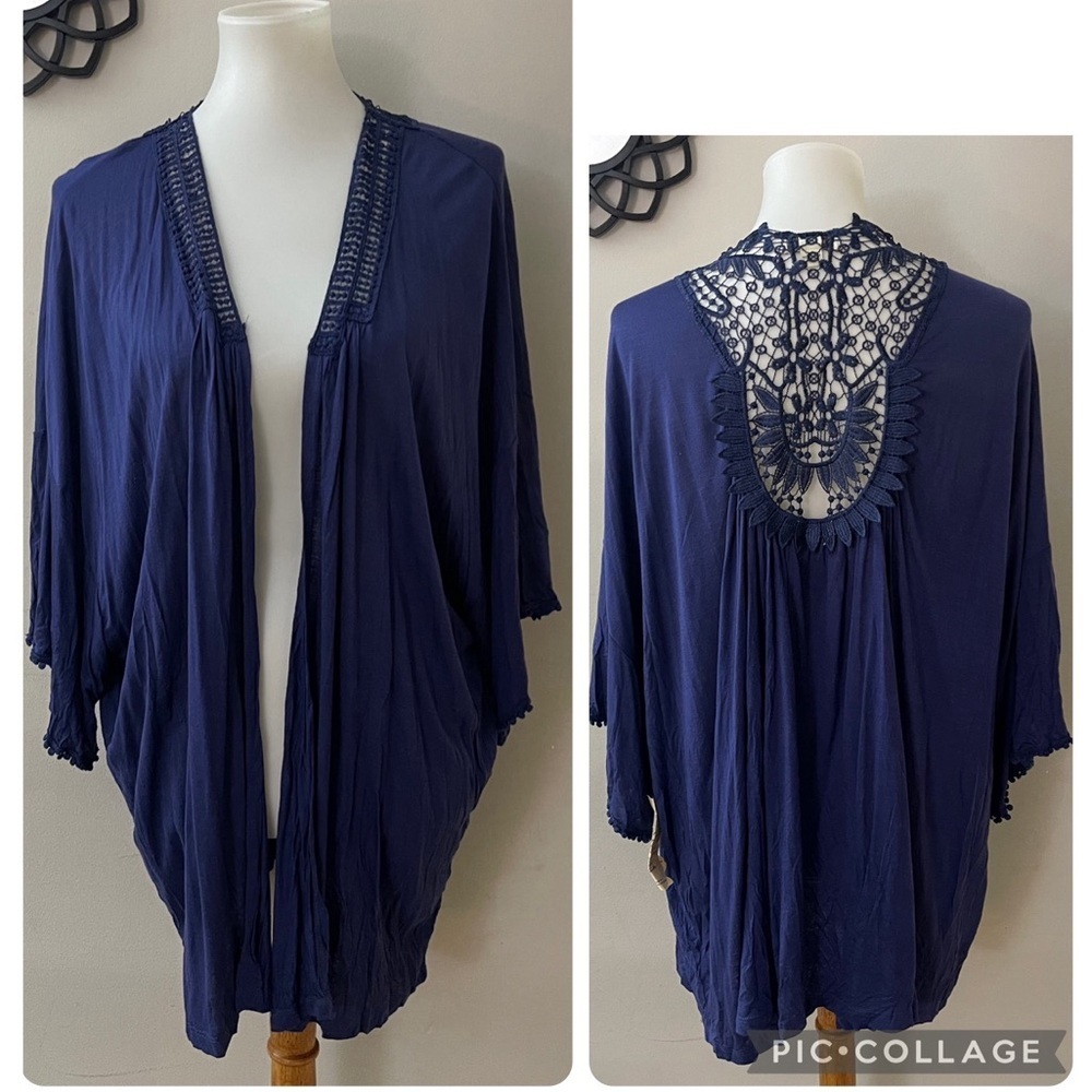 ONE WORLD Navy Crochet Trim Flowy Kimono Boho Bohemian Chic Workwear Comfy